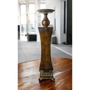 Large Metal Pillar Candle Holder Centerpiece Ornate Detail Antique Finish 20" T